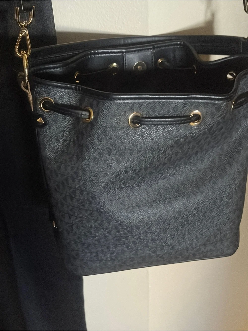Michael Kors Black and Gray Logo Drawstring Crossbody Bag